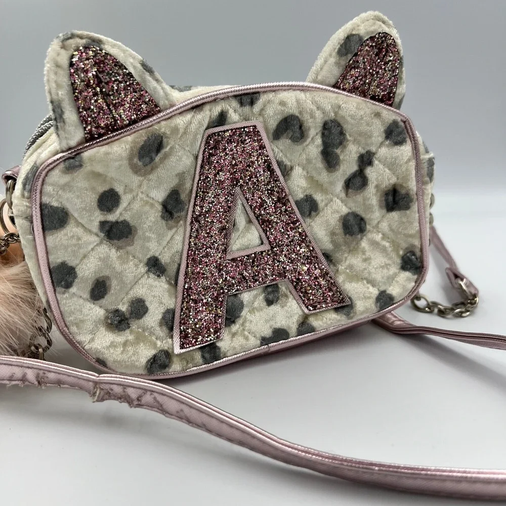 Justice Girls Novelty Cat Ear Crossbody Bag Purse with Initial A in Pink Glitter